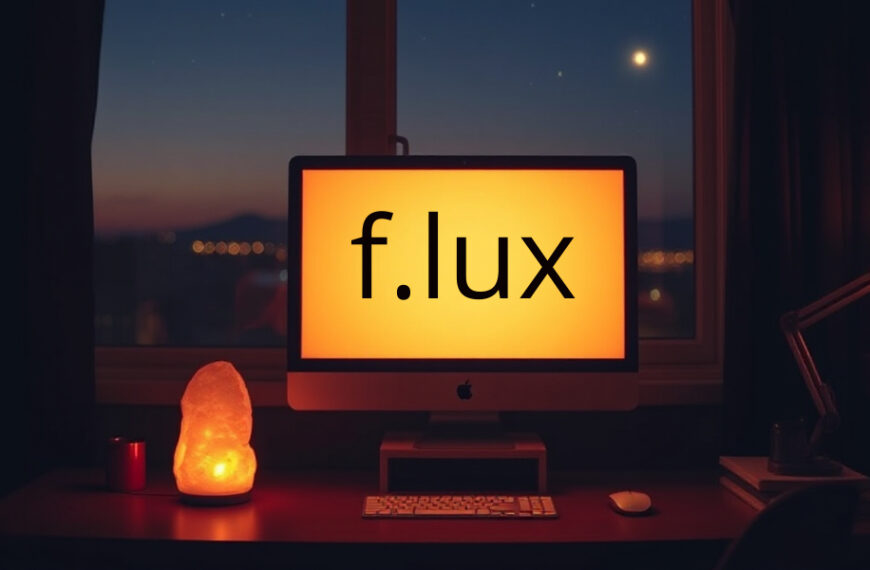 A computer screen displays the f.lux logo, with a warm orange light. A lamp and a salt lamp sit on a desk in a dimly lit room.