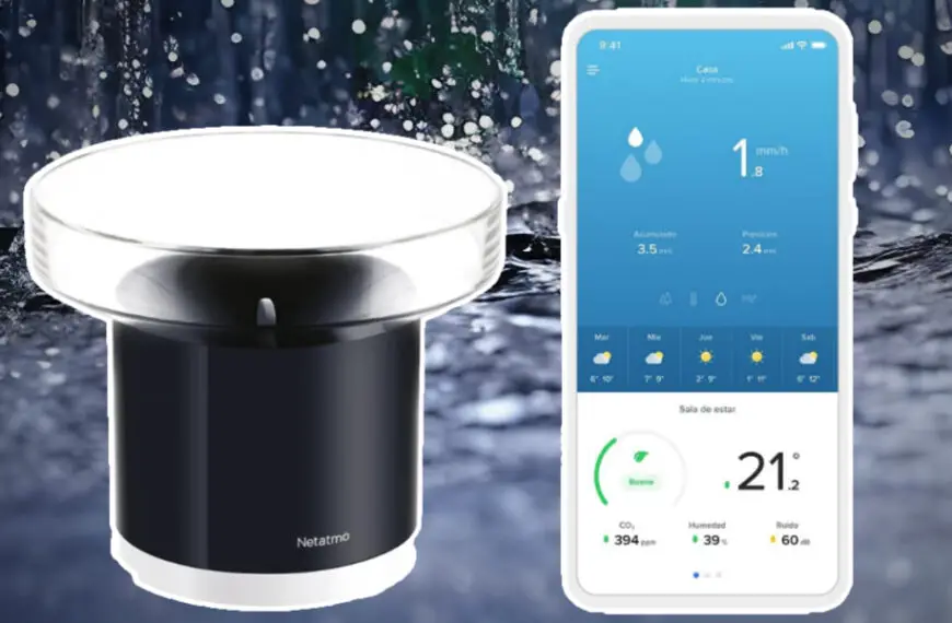 A smart weather sensor and a smartphone displaying a weather app interface with data readings.