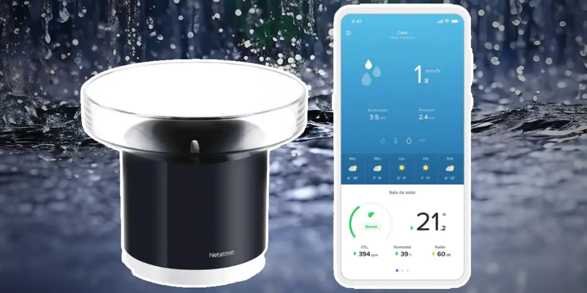 A smart weather sensor and a smartphone displaying a weather app interface with data readings.