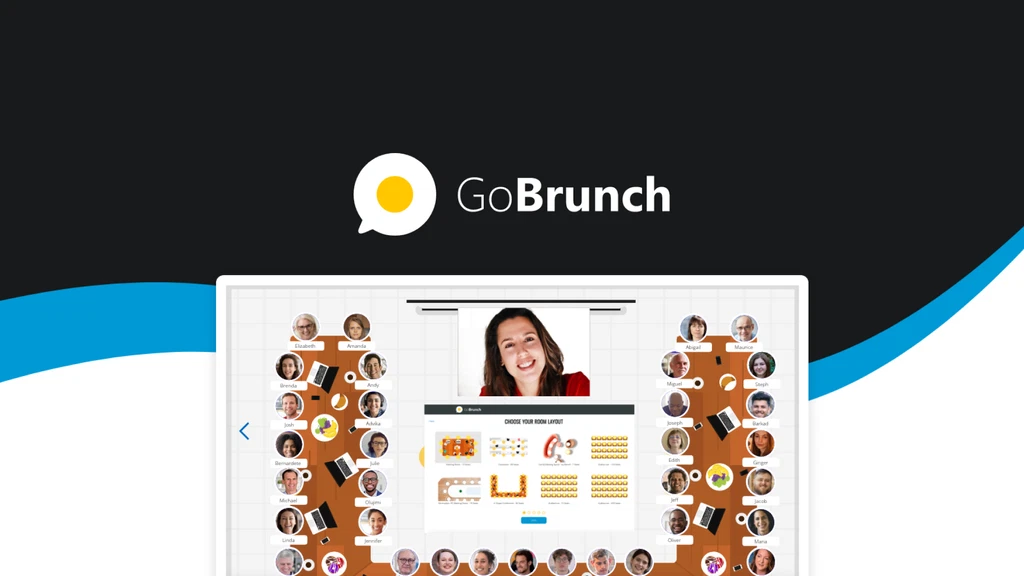 Screenshot of a GoBrunch virtual meeting showing a large number of participant avatars arranged in a circular layout around a central speaker.