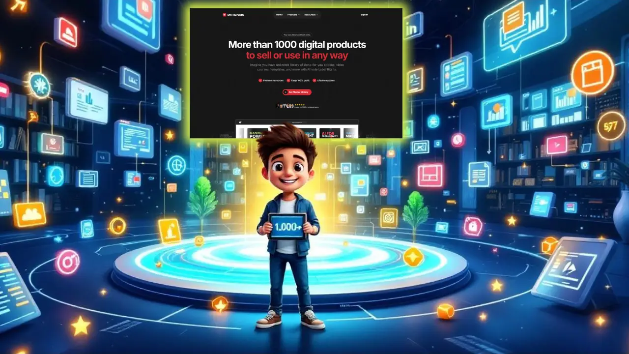 A person holding a "1000+" sign stands on a digital themed background, featuring floating tech icons and a screen displaying "More than 1000 digital products to sell or use in any way".