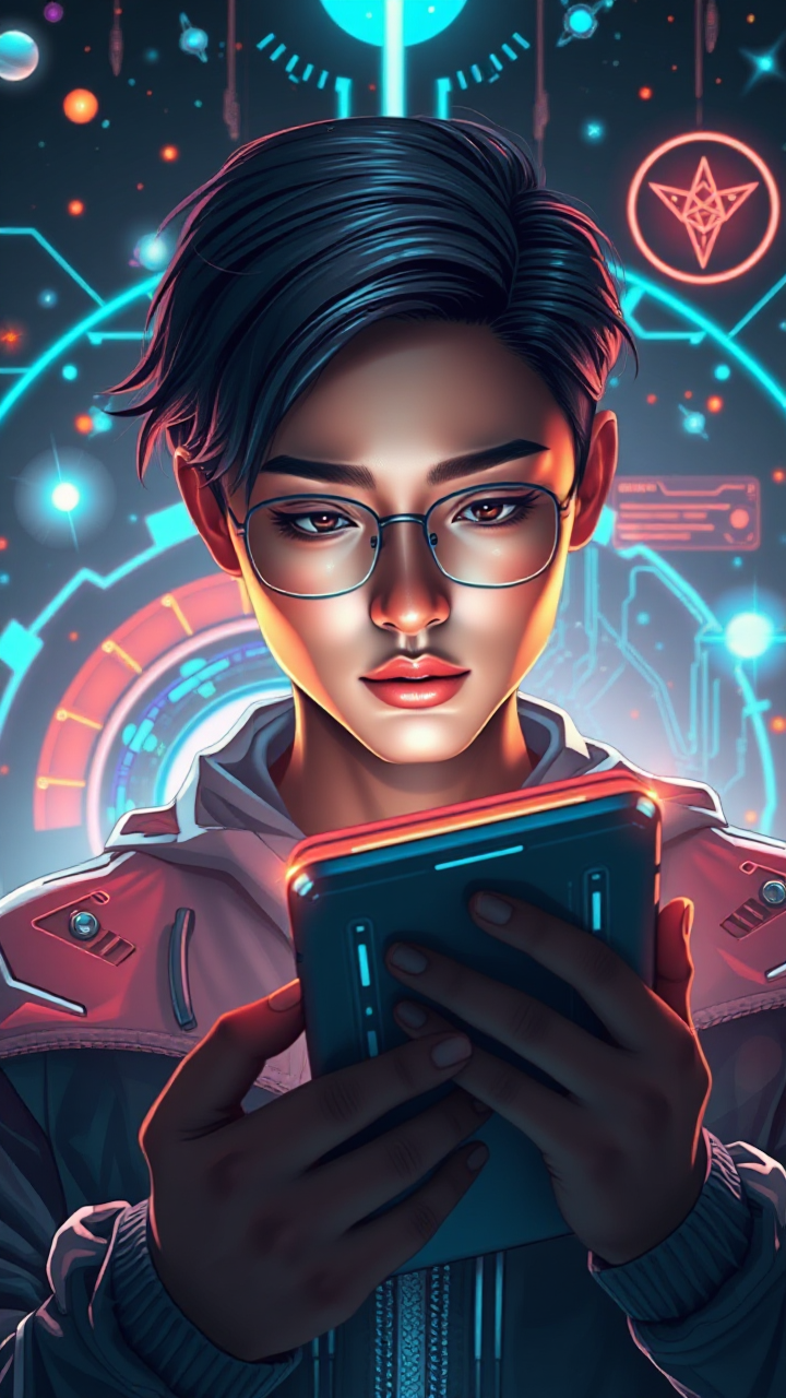 A person with glasses intensely looks at a glowing smartphone surrounded by futuristic digital graphics