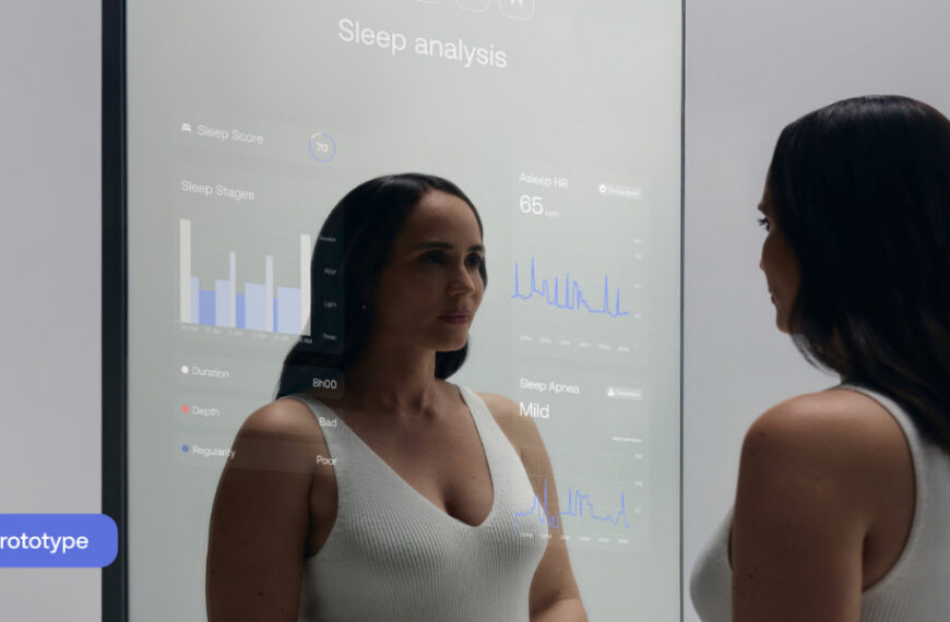 A woman looks into a smart mirror displaying sleep analysis data, including graphs and statistics. A label reads "CES Prototype.