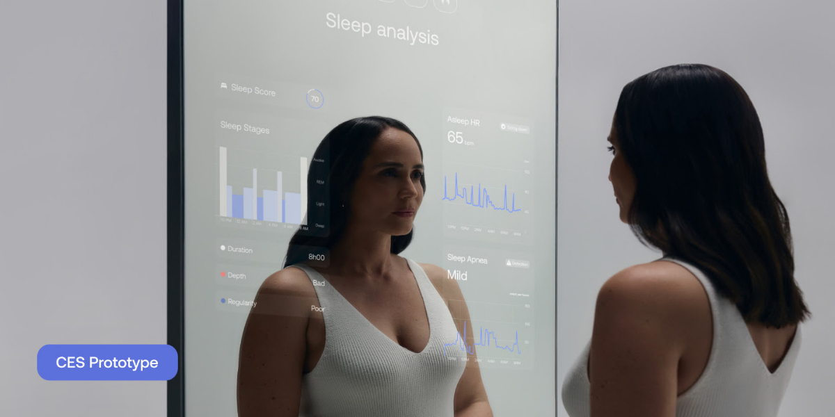 A woman looks into a smart mirror displaying sleep analysis data, including graphs and statistics. A label reads "CES Prototype.