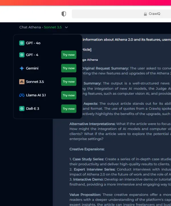 A computer screen displaying a website interface with a sidebar listing options like GPT-4.0 and ChatGPT under "Chat Athene AI" and text content about features and aspects on the right.