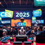 A crowded tech expo hall with CES 2025 logos displayed on screens. Attendees engage with exhibits and each other.