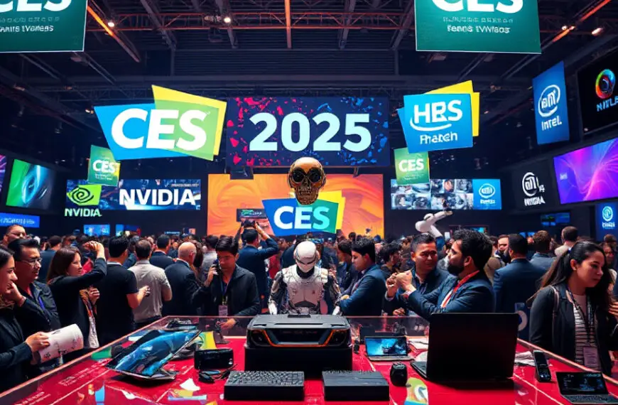 A crowded tech expo hall with CES 2025 logos displayed on screens. Attendees engage with exhibits and each other.