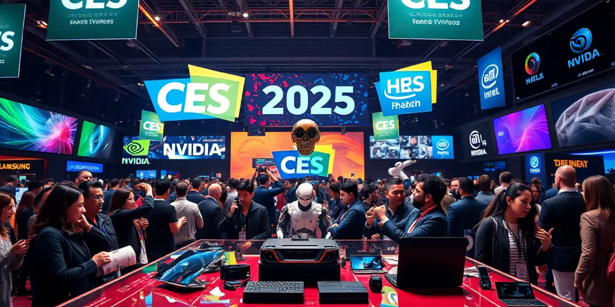 A crowded tech expo hall with CES 2025 logos displayed on screens. Attendees engage with exhibits and each other.