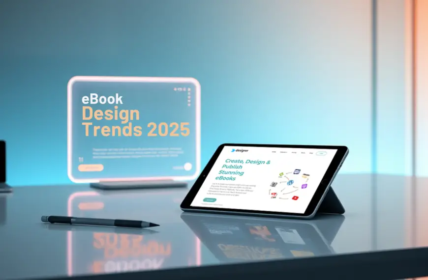 A tablet on a stand displays a website about creating eBooks. A pen lies nearby, with a glowing screen in the background reading "eBook Design Trends 2025.