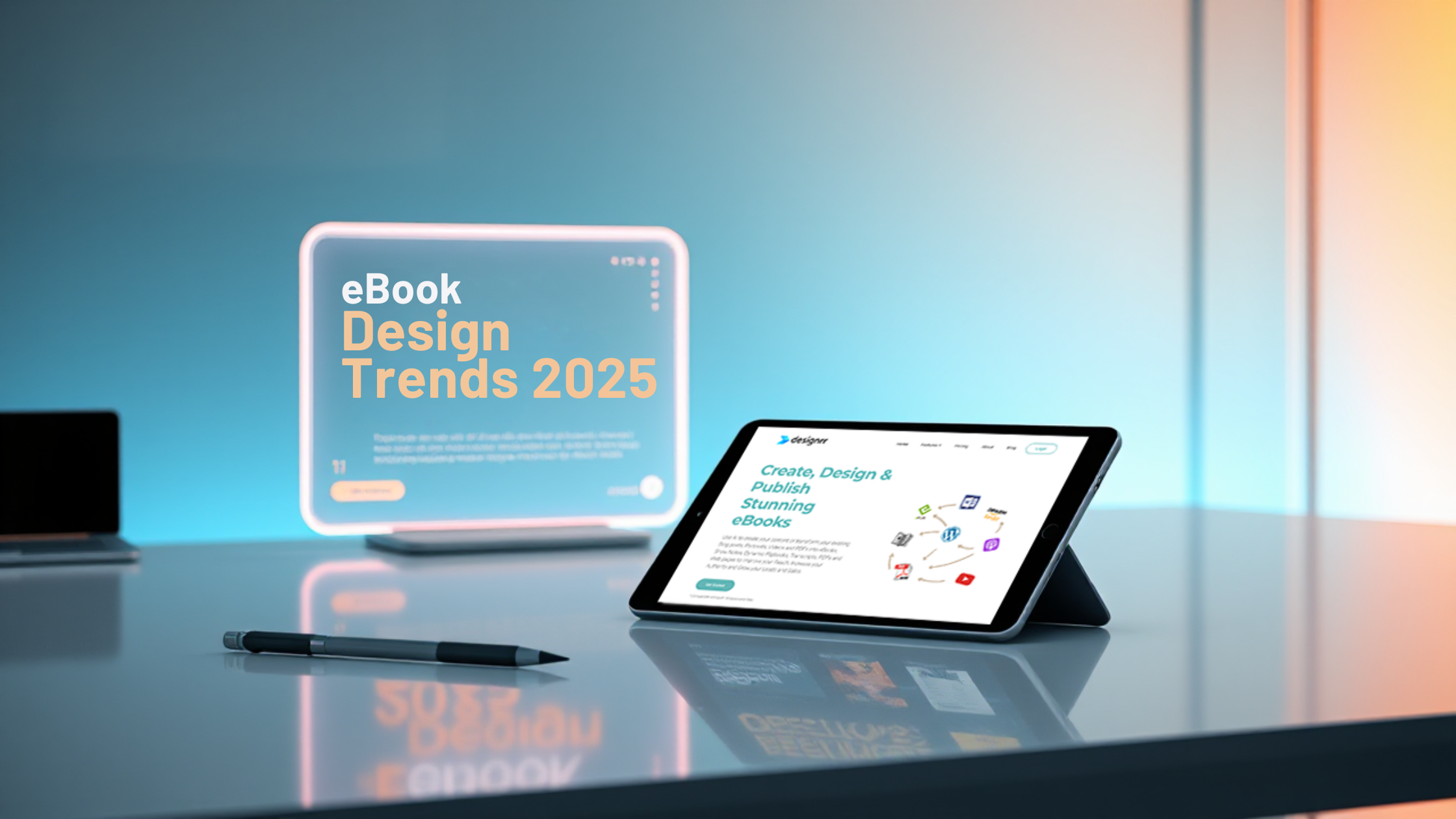 A tablet on a stand displays a website about creating eBooks. A pen lies nearby, with a glowing screen in the background reading "eBook Design Trends 2025.