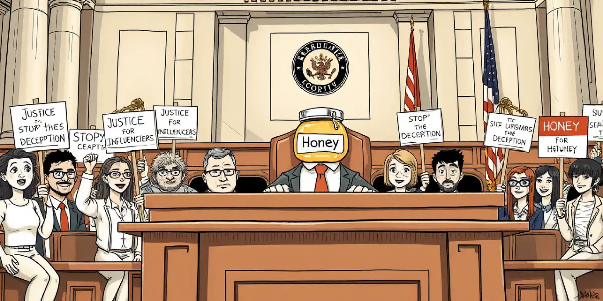 A courtroom scene with a jar labeled "Honey" as the judge. People hold signs saying "Justice for Influencers," "Stop the Deception," and "Honey for Honesty.