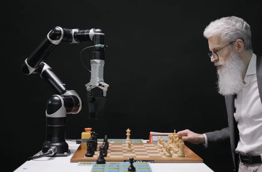 A man with a beard plays chess against an industrial robotic arm on a small table.