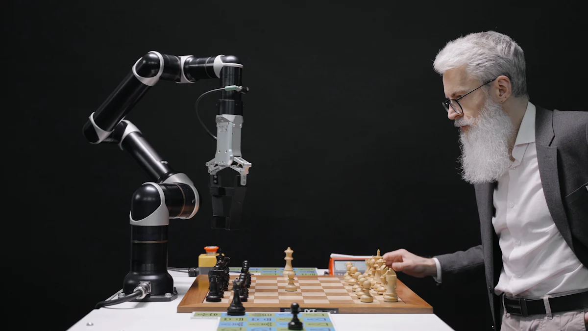 A man with a beard plays chess against an industrial robotic arm on a small table.