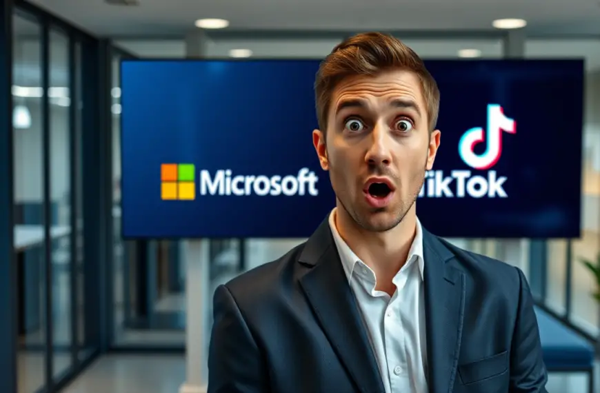 A surprised man in a suit stands in front of a screen displaying Microsoft and TikTok logos.