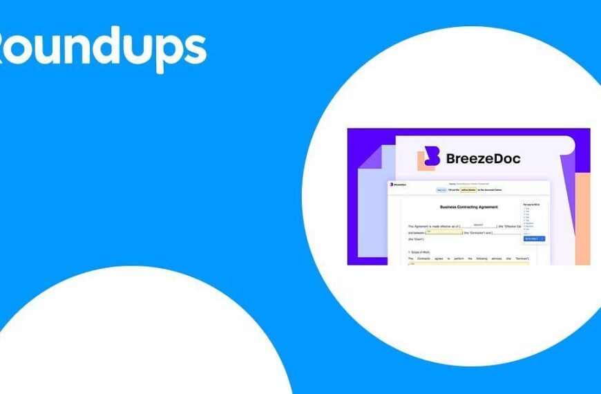 Roundups logo on the left and a screenshot of a BreezeDoc software interface on the right, showing a business contract agreement.
