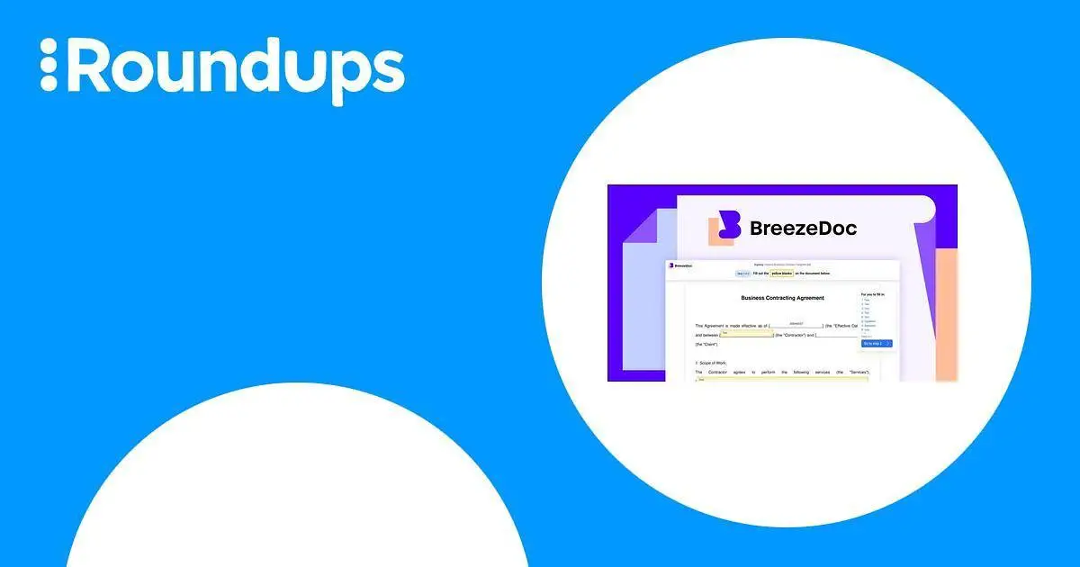 Roundups logo on the left and a screenshot of a BreezeDoc software interface on the right, showing a business contract agreement.
