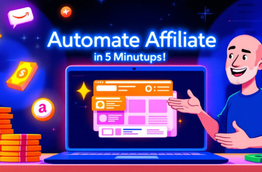 Illustration of a person pointing at a laptop screen with "Automate Affiliate in 5 Minutups!" text. Coins, stars, and icons are around, indicating financial growth and digital marketing.