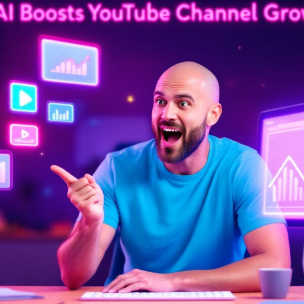 Person in a blue shirt excitedly pointing at floating digital icons and graphs with text "AI Boosts YouTube Channel Growth!" in a neon-lit room.