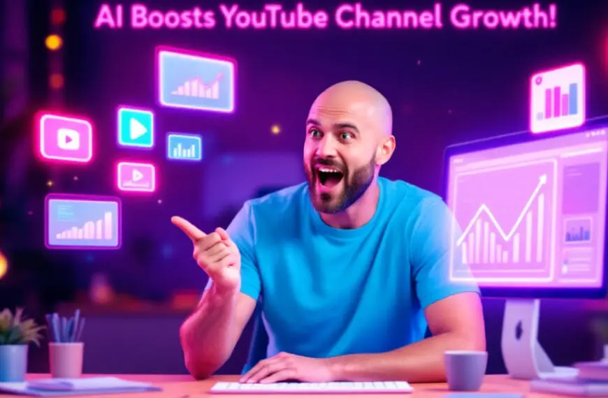 Person in a blue shirt excitedly pointing at floating digital icons and graphs with text "AI Boosts YouTube Channel Growth!" in a neon-lit room.