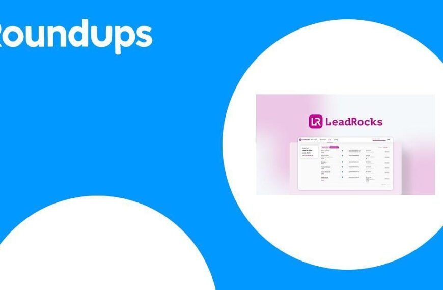 Blue graphic with the word "Roundups" on the left. On the right, there's a small screenshot of the LeadRocks application interface.