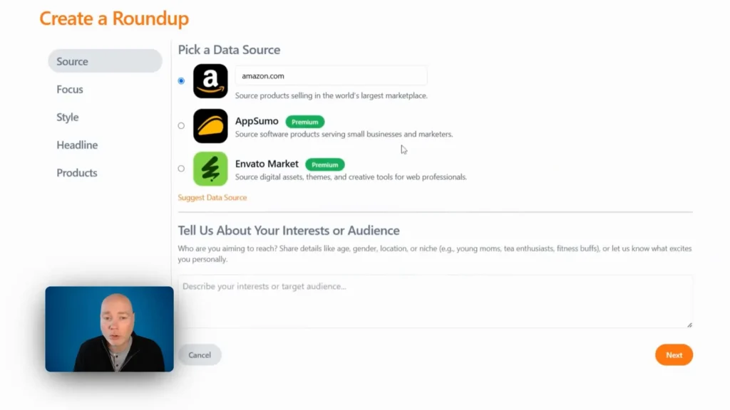 Screenshot of a webpage showing options to pick a data source from Amazon.com, AppSumo, and Envato Market, with premium labels. A man speaks at the bottom left of the screen.