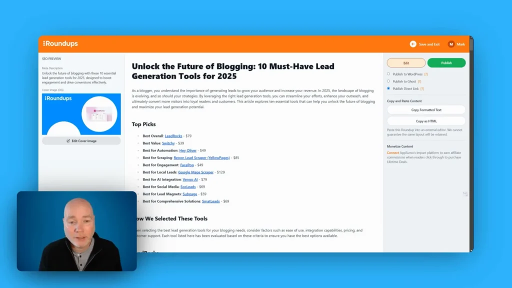 A webpage titled "Unlock the Future of Blogging: 10 Must-Have Lead Generation Tools for 2025" featuring top tool picks. A side panel and a person in a video call window are visible.