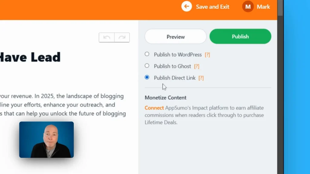 An online editor interface displaying options to publish content to WordPress, Ghost, or Direct Link. A green "Publish" button is visible, along with a promotional section for monetizing content.