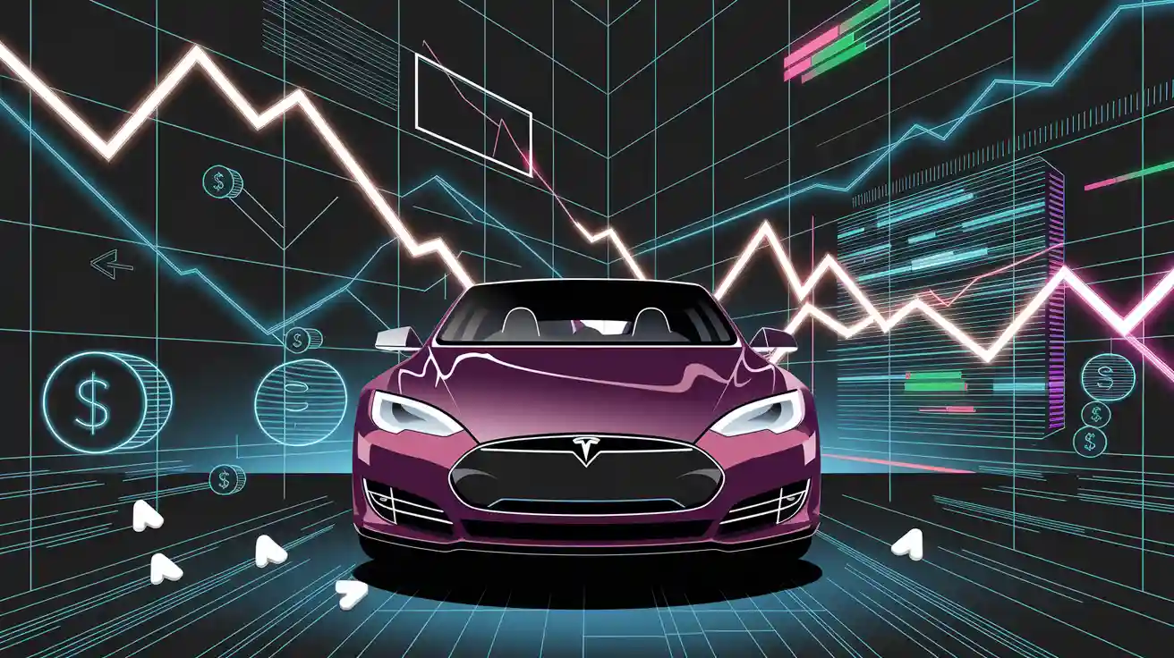 Purple car with a Tesla logo in a digital setting, surrounded by graphs and downward trending lines, symbolizing financial or market analysis.