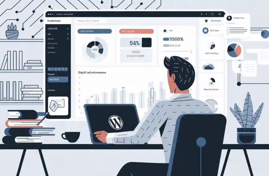 Person at a desk using a computer displaying data analytics dashboard with charts and graphs. Books and potted plants are on the shelves.