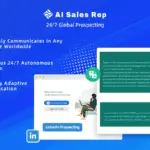 Blue promotional graphic for AI Sales Rep, highlighting features like communication in any language, 24/7 availability, and culturally adaptive communication, with chat and app icons.