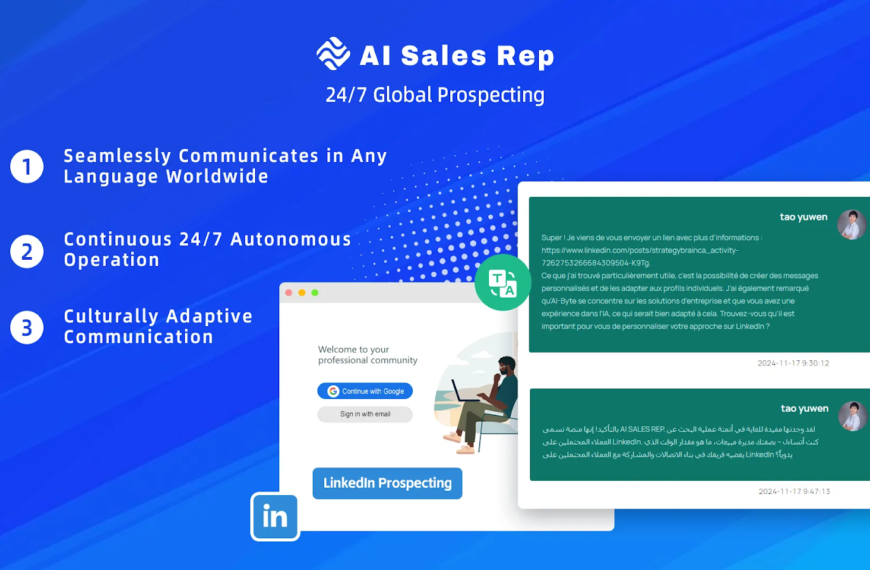 Blue promotional graphic for AI Sales Rep, highlighting features like communication in any language, 24/7 availability, and culturally adaptive communication, with chat and app icons.