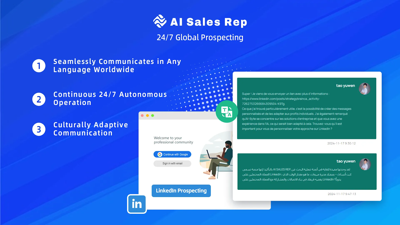 Blue promotional graphic for AI Sales Rep, highlighting features like communication in any language, 24/7 availability, and culturally adaptive communication, with chat and app icons.