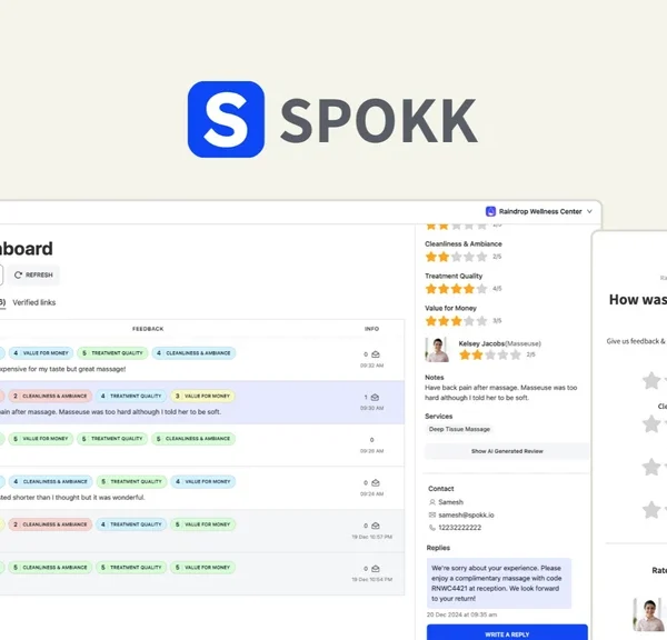 Image of SPOKK software interface showing a dashboard with various customer feedback comments and ratings. A survey card asks, "How was your experience?" with star ratings for review.