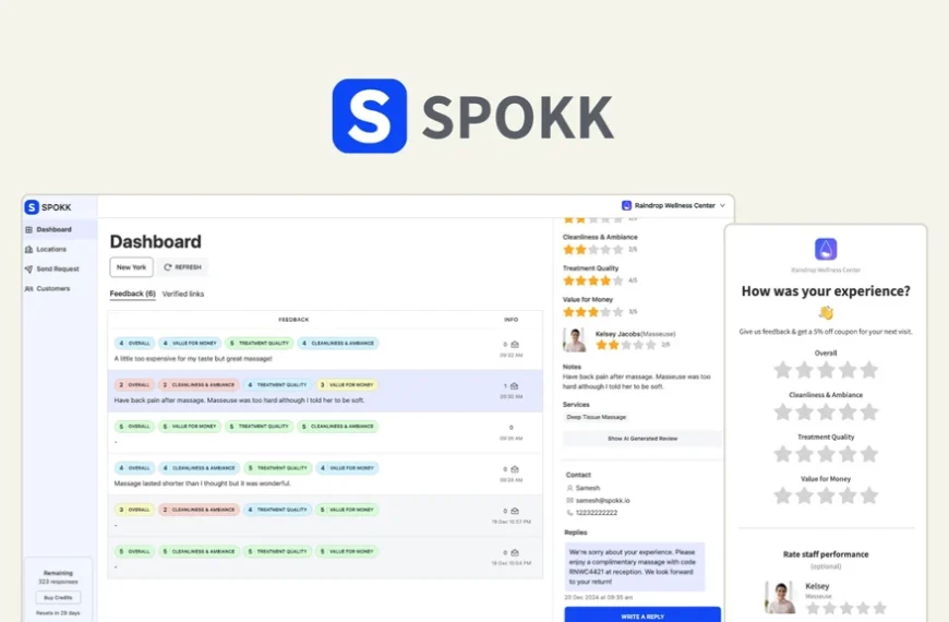 Image of SPOKK software interface showing a dashboard with various customer feedback comments and ratings. A survey card asks, "How was your experience?" with star ratings for review.