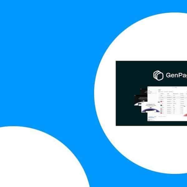 A digital dashboard for "GenPage" is displayed on a dark background, centered within a large white circle on a bright blue background with another white circle in the lower left.